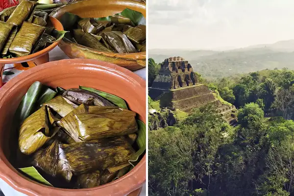 Pair of photos from Belize, one showing tamales and one showing an ancient pyramid in the trees