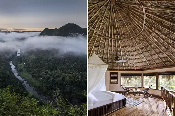 Pair of photos from Belize, one showing a river, and one showing the interior of a lodge room