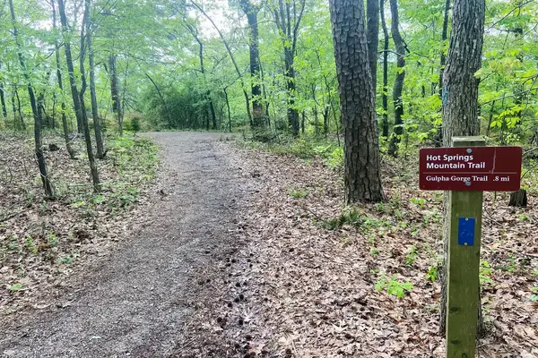 A wooded hiking trail with a sign indicating the Hot Springs Mountain Trail and Gulpha Gorge Trail ahead