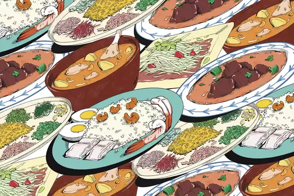 Layered illustrations of classic Thai dishes