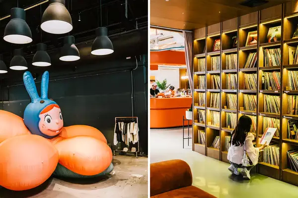 A pair of photos one showing a clothing store and the other a record shop.