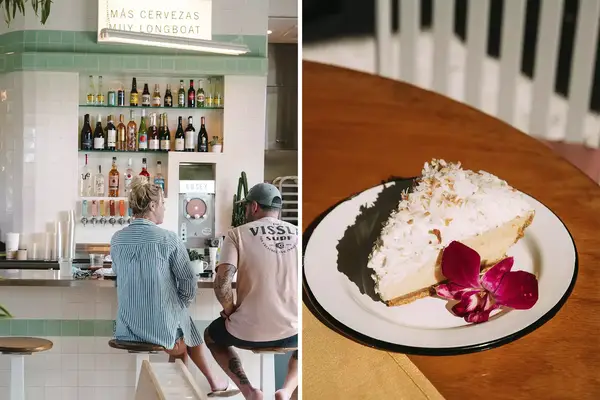Pair of photos from an upscale diner in Florida, one showing a bar, and one showing a slice of key lime pie