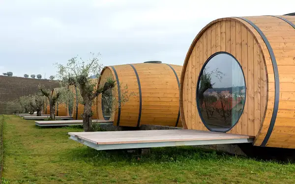 Row of wine barrel glamping pods at Quinta da Pacheca