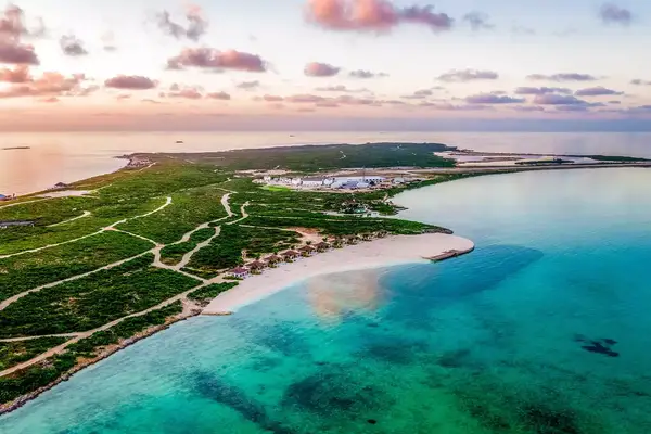 Aerial view of the Beachfront Pool Suites at Ambergris Cay