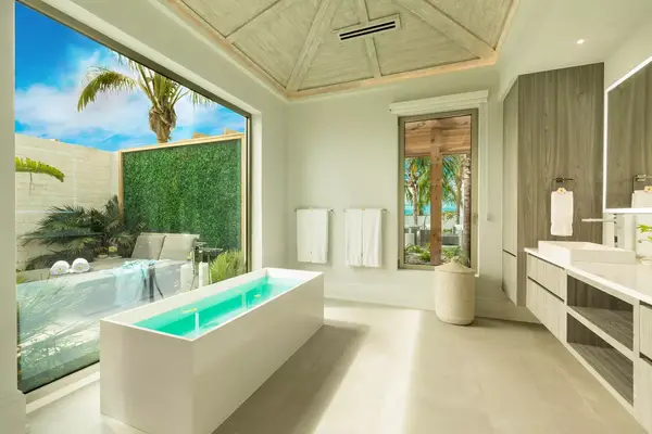The master bathroom in the Dream Pavilion villa at Ambergris Cay