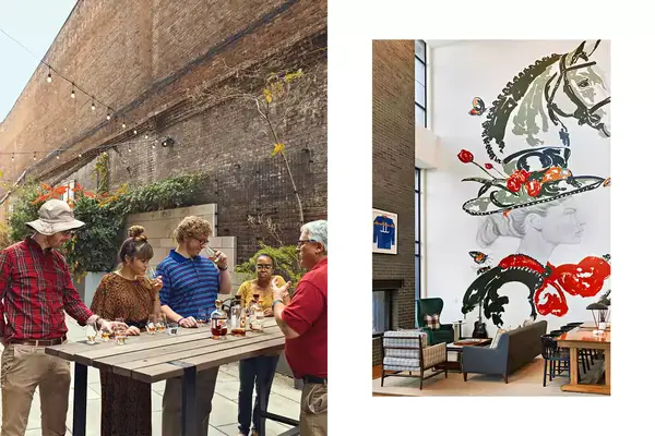 Pair of photos from Kentucky, one showing a bourbon tasting, and one showing a mural in a hotel lobby