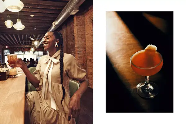 Pair of photos from Kentucky, including a woman at a bar, and a cocktail