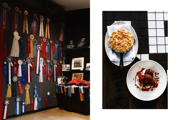 Pair of photos from Kentucky, one showing prize ribbons on a horse farm, and one showing dishes at a restaurant
