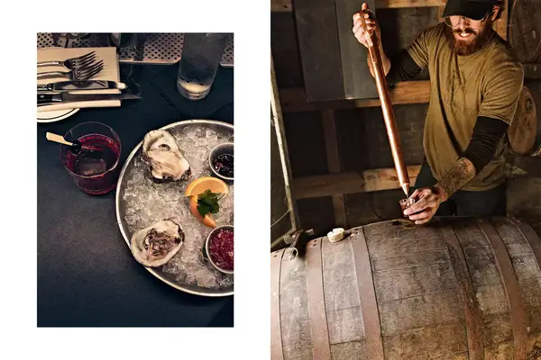 Pair of photos from Kentucky, one showing oysters and a cocktail, and one showing a man drawing a sample from a whiskey barrel