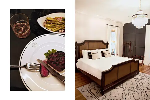 Pair of photos from Kentucky, one showing a steak dinner, and one showing a hotel guest room