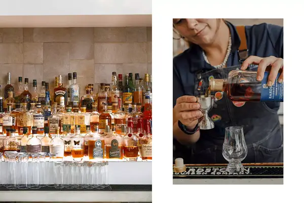 Pair of photos from Kentucky, one showing bourbon behind a bar, and one showing a bartender pouring bourbon