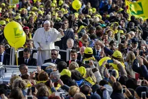Pope Francis rides on the Popemobile through the crowd of the faithful as he arrives to celebrate an extraordinary Jubilee Audience as part of ongoing celebrations of the Holy Year of Mercy in St. Peter