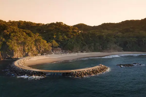 Aerial view of jetty and beach chairs at One&Only Mandarina in Riviera Nayarit