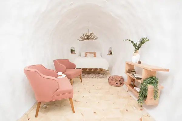 Interior of a unique potatothemed room featuring a bed chairs and shelves decorated with plants and accessories