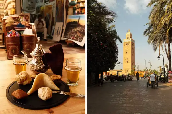 Moroccan tea and Koutoubia Mosque in Marrakesh