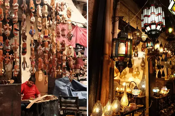 Leather and lander stalls in a souk in Marrakesh