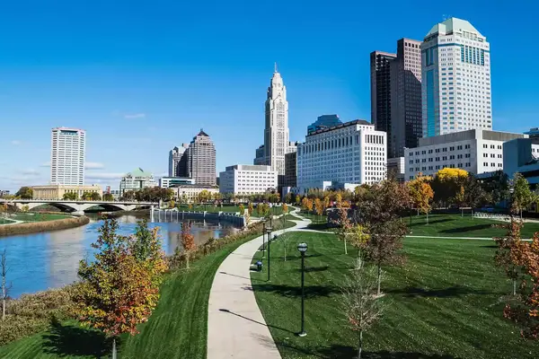 A view of downtown Columbus and the Scioto Mile looking north into the city