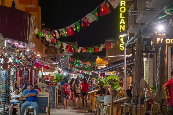 A busy street at night