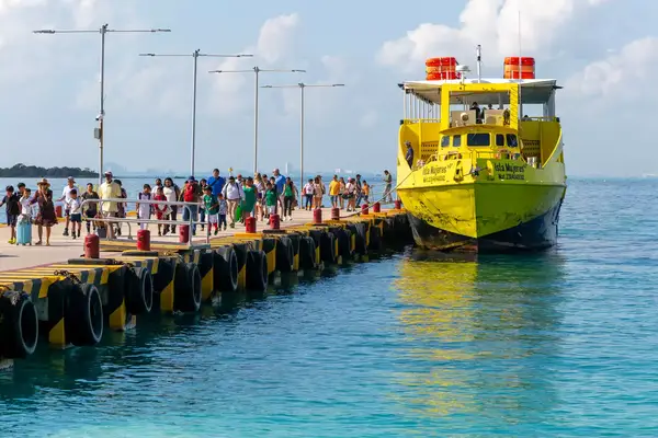 Ultramar ferry boat arriving at Isla Mujeres, Caribbean Coast, Cancun, Quintana Roo, Mexico
