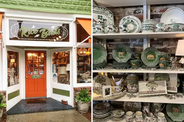 Exterior and interior of a shop called Rice Birds, with shelves displaying decorative dinnerware