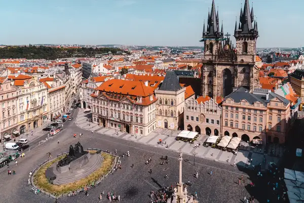 Aerial view of Old Town Square in Prague showing the historic square buildings statues and the Church of Our Lady before Tn
