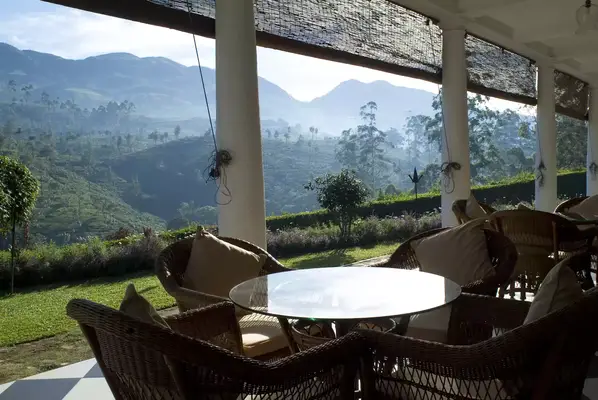 Balcony overlooking a tea farm in Dimbula, Sri Lanka