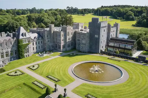 Aerial view of Ashford Castle in County Mayo, Ireland.