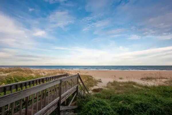Boardwalk view of Ocean and dunes, South Carolina, USA