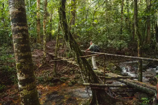 A man crossing a small bridge in the jungle