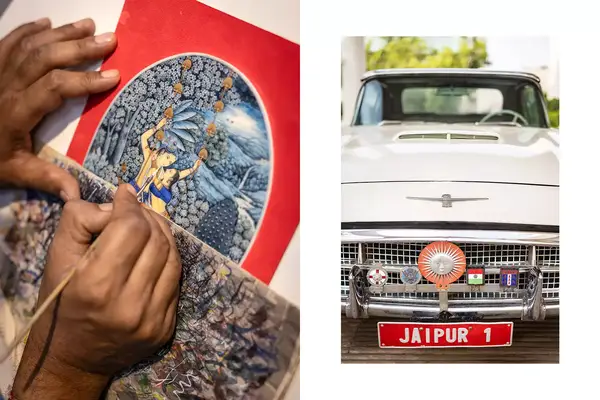 Pair of photos from India, one showing a miniature painting, and one showing a vintage car