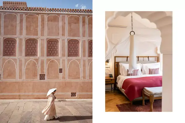 Pair of photos from India, one showing a woman walking past a pink palace, and one showing a hotel suite