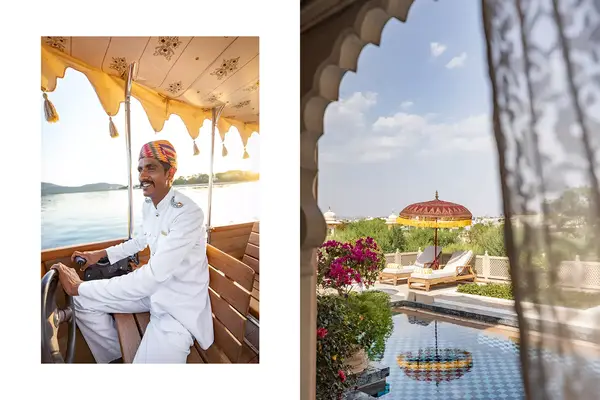 Pair of photos from the Oberoi Udaibilas, including a man piloting a ferry, and a villa pool