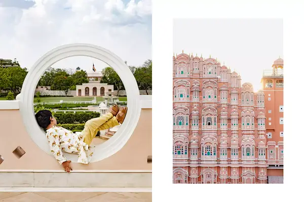 Pair of photos from India, one showing a boy at a hotel, and one showing a pink palace exterior