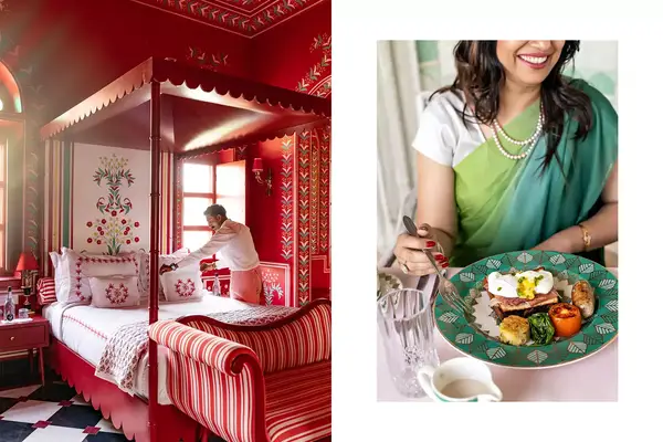 Pair of photos from India, one showing a red and white hotel guest room, and one showing a woman eating breakfast