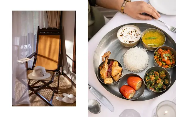 Pair of photos from a safari lodge in India, one showing decor detail, and one showing a thali plate