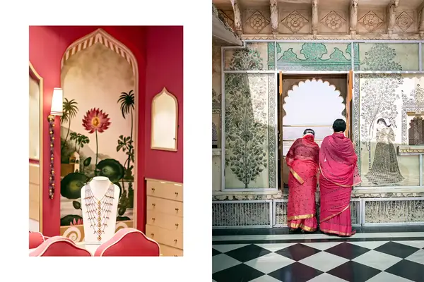 Pair of photos from India, one showing a necklace on display, and one showing two women in sari looking out of a palace window