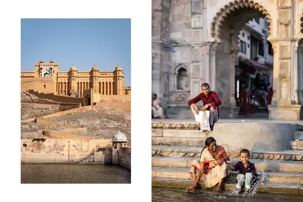 Pair of photos from India, one showing a fort, and one showing locals on steps by a lake