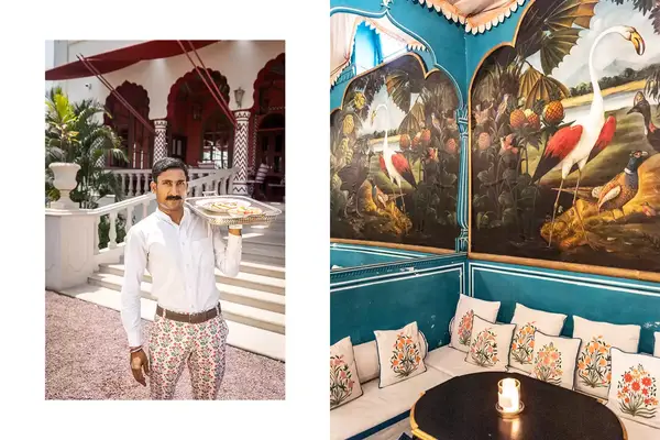 Pair of photos from Jaipur, one showing a restaurant server, and one showing a colorful cafe interior