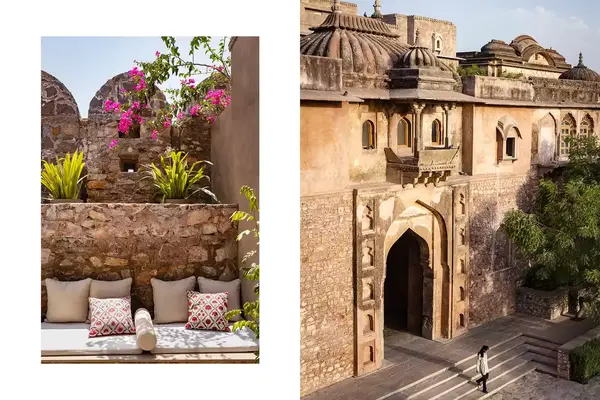 Pair of photos from the Six Senses Fort Barwara, one showing an outside seating area, and one showing the fort exterior