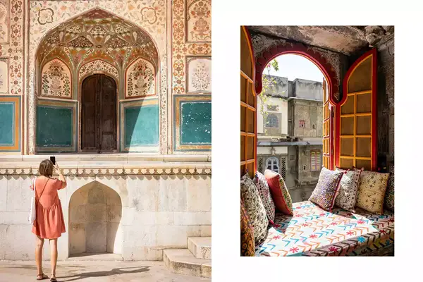 Pair of photos from India, one showing a tourist photographing a palace, and one showing a window seat in a townhouse
