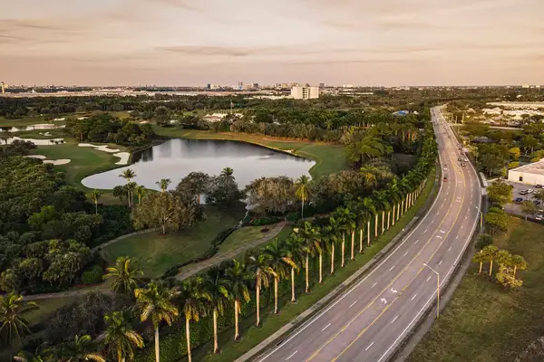 Aerial Scenes of a Sunset Over a Street in Central West Palm Beach, Florida