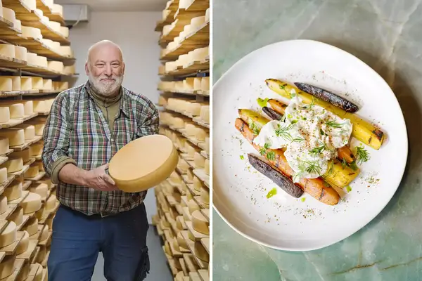 Pair of photos from Switzerland, one showing a cheesemonger in his cheese cave, and one showing a plate of roasted carrots