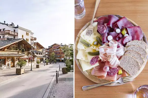 Pair of photos from Switzerland, none showing a town street, and one showing a charcuterie plate