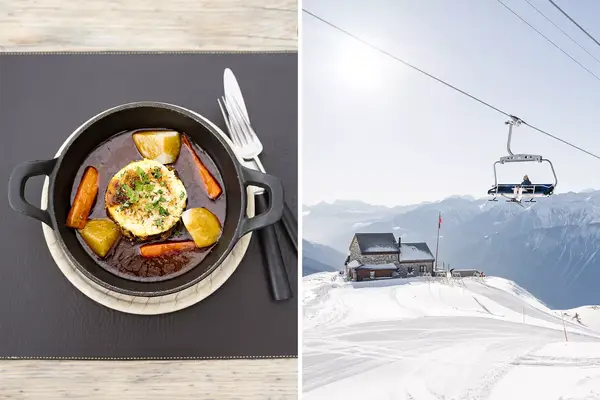 Pair of photos from Switzerland, one showing a hearty stew, and one showing a gondola over a ski slope