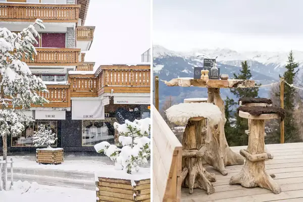 Pair of photos from Switzerland, one showing shops,and one showing stools on a ski slope restaurant