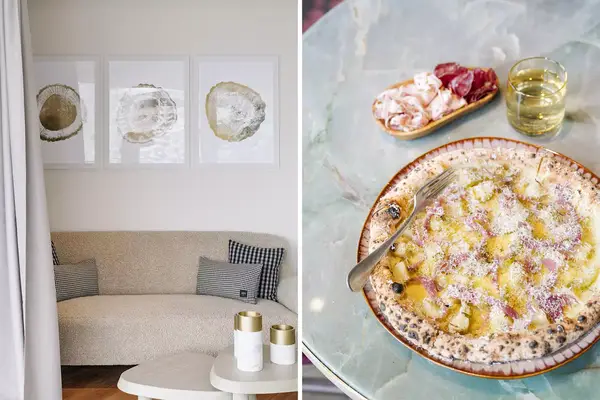 Pair of photos from Switzerland, one showing a hotel interior, and one showing a pizza