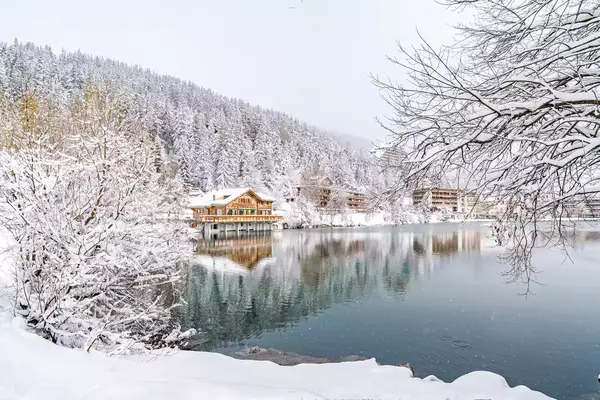 A lake in Switerland, in winter, surrounded by snow