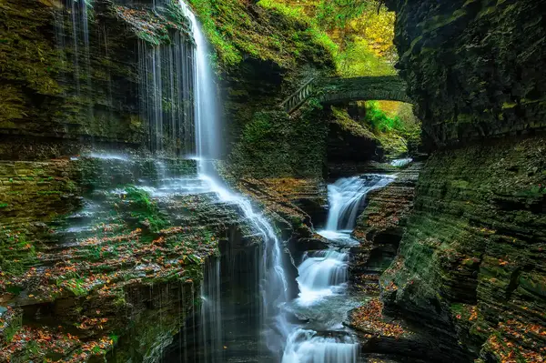 Cascade in Watkins Glen State Park featuring a stone bridge and surrounding cliffs