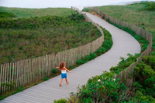 A child walking on the boardwalk over natural dune, Popham Beach State Park, Maine.