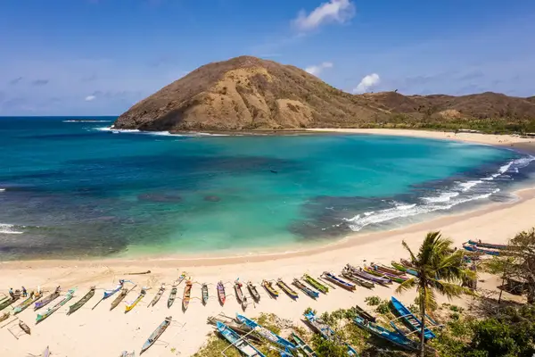 A tropical beach with traditional boats lined on the sand a hill and clear blue water in the background